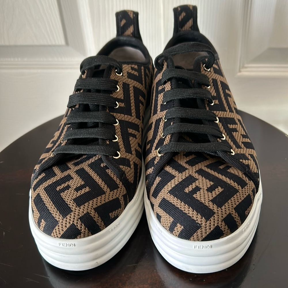 FENDI women’s rise low top, platform sneakers perforated Zucca fabric Brown